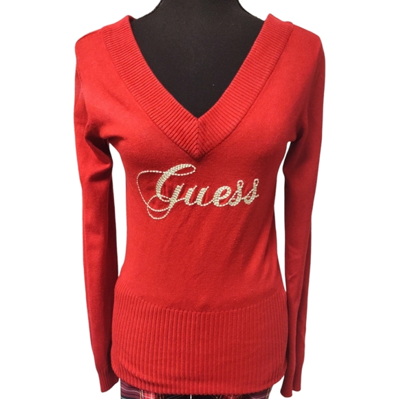 Red "Guess" V-neck Sweater - Picture 1 of 6